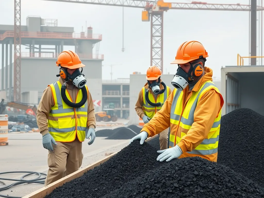 Workers wearing PPE including helmets and masks while handling asphalt.