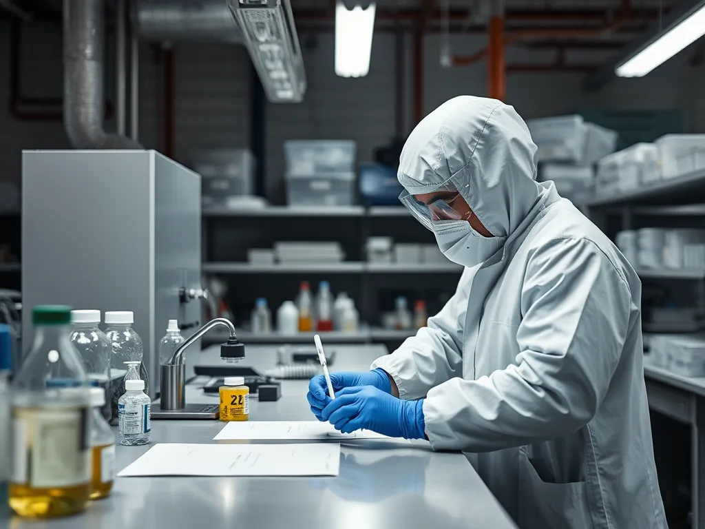 Technician conducting AASHTO T209 maximum specific gravity test for asphalt mixtures in a laboratory