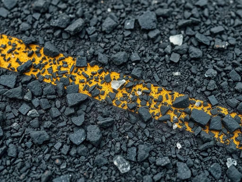 Close-up of asphalt mixture with additives, showcasing aggregate and a yellow line