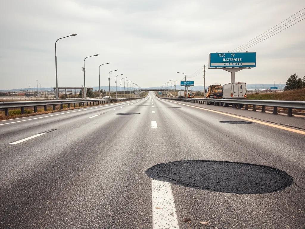 Potholes on a highway illustrating the need for advanced asphalt additives for safety.