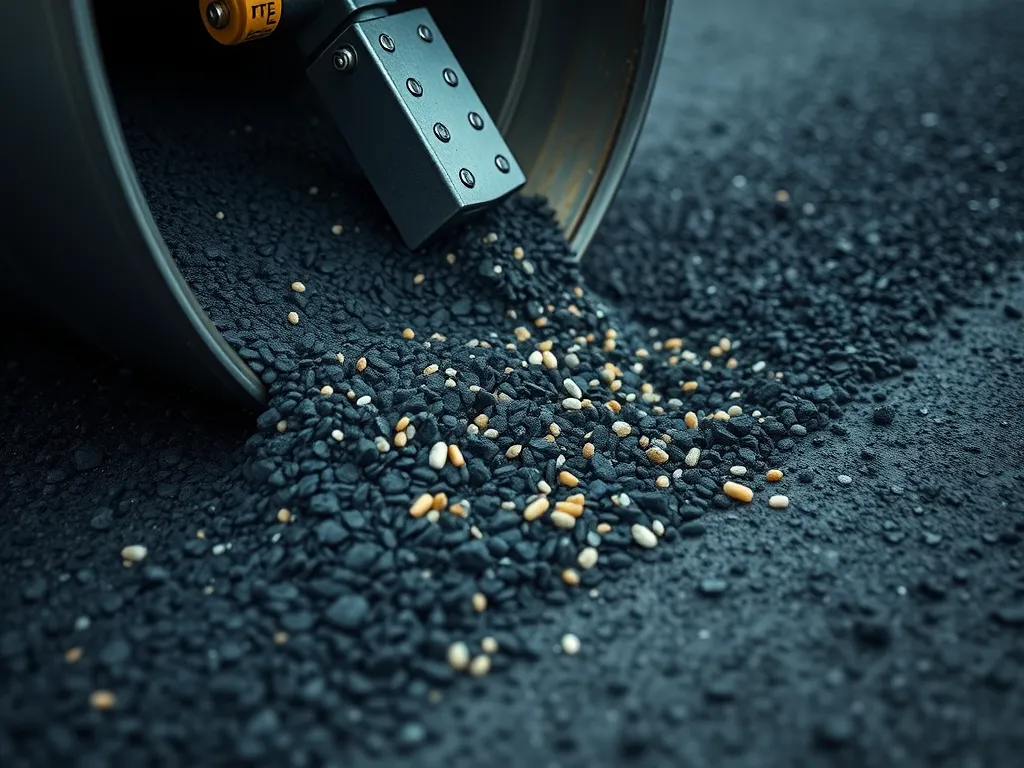 Close-up of advanced asphalt additives pouring onto a dark asphalt surface, enhancing safety.