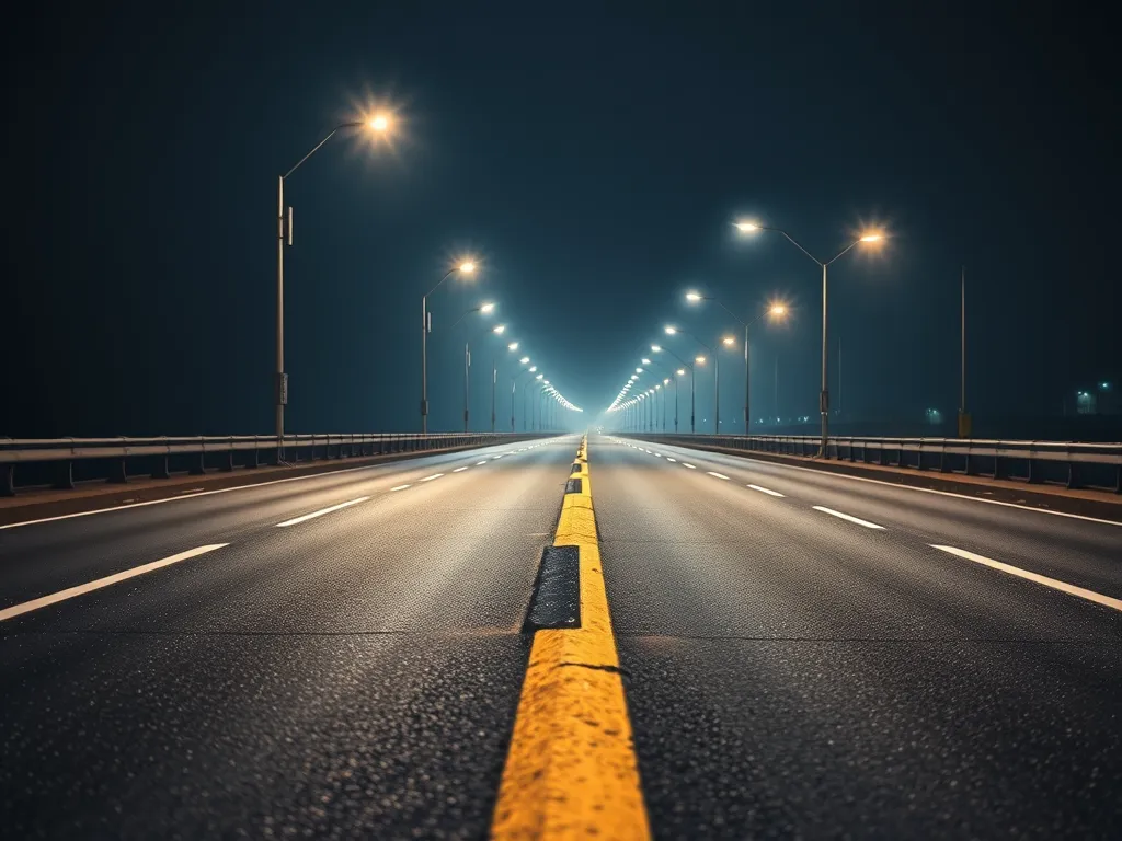 Night view of a well-lit asphalt road showcasing safety features enhanced by advanced asphalt additives.
