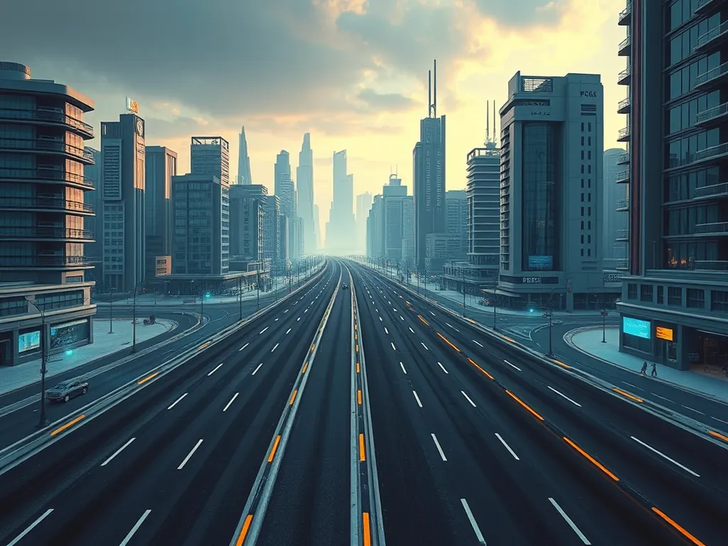 A city skyline with a wide highway showcasing advanced asphalt composites.