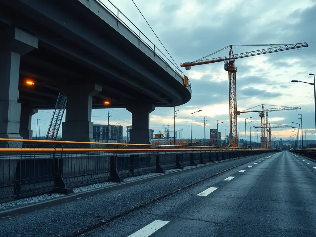 Construction site showcasing advanced engineering solutions for asphalt applications with cranes and road infrastructure.