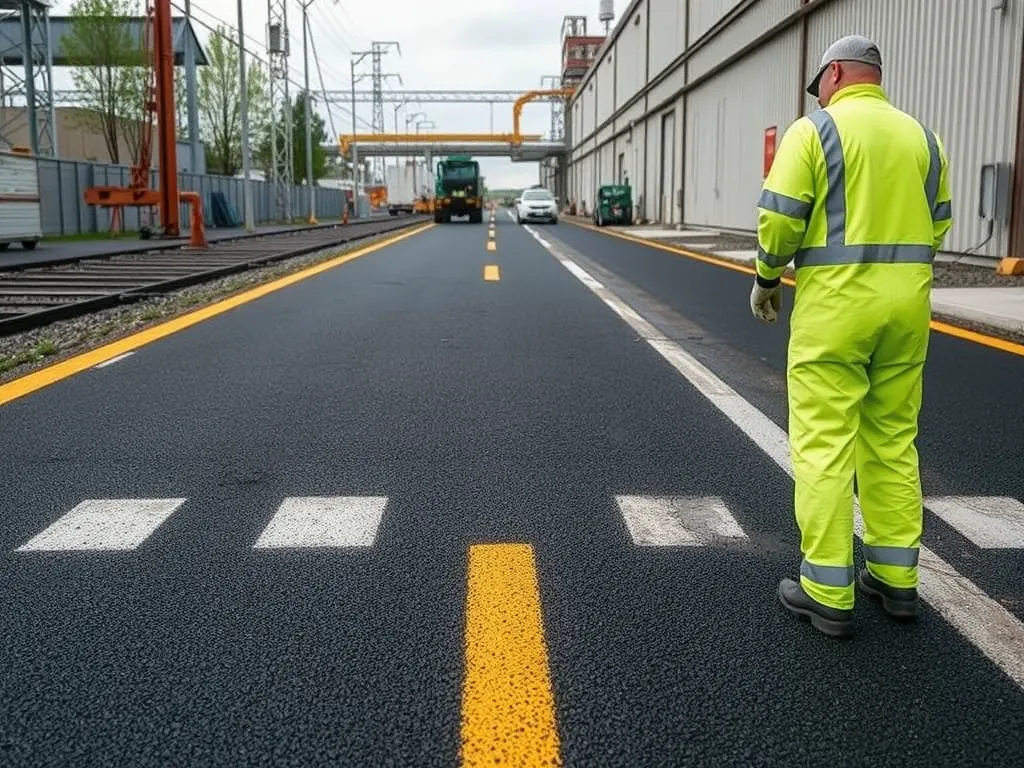 Worker inspecting freshly poured asphalt surface using advanced techniques for improved durability and quality.