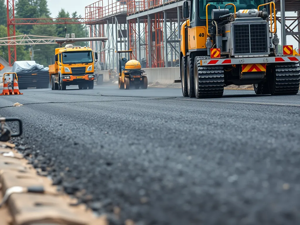 Construction site showcasing advanced asphalt pouring techniques being used for road improvement.