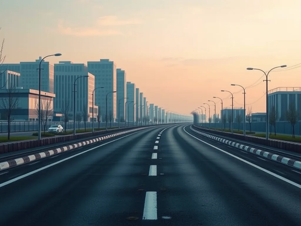 A smooth asphalt road surrounded by modern buildings, showcasing advanced asphalt technologies.