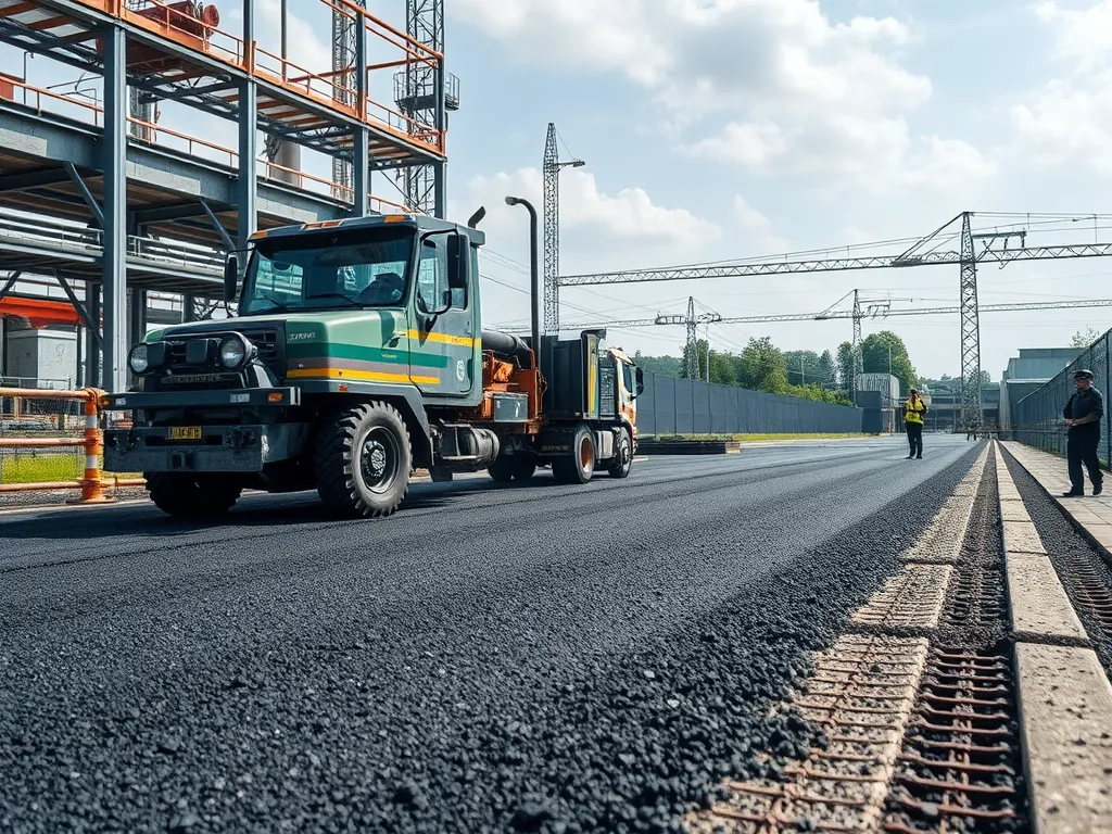 A road construction scene showcasing advanced asphalt technologies in action with modern paving equipment.