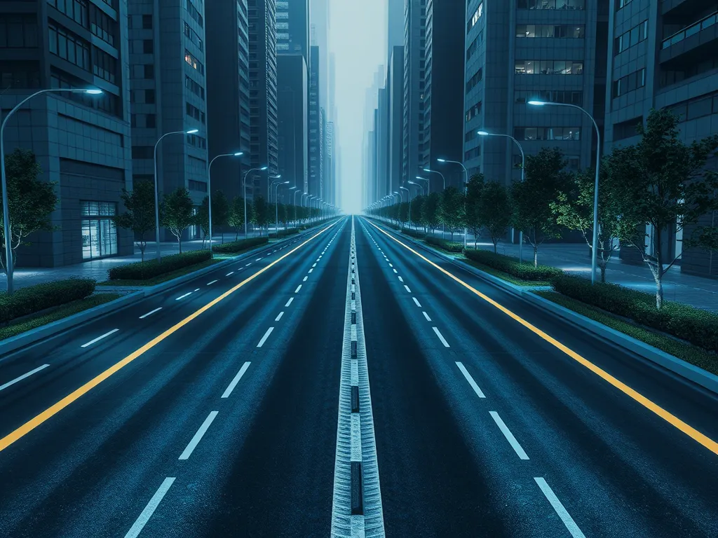 Futuristic urban road showcasing advanced asphalt technology and its impact on transportation.