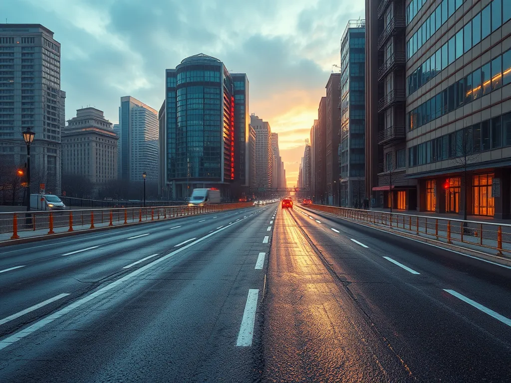 Urban road showcasing advanced asphalt technology reflecting in the sunrise