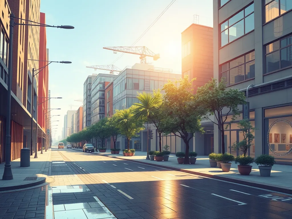 A modern urban street showcasing advanced asphalt technology with trees and buildings, reflecting public perceptions.