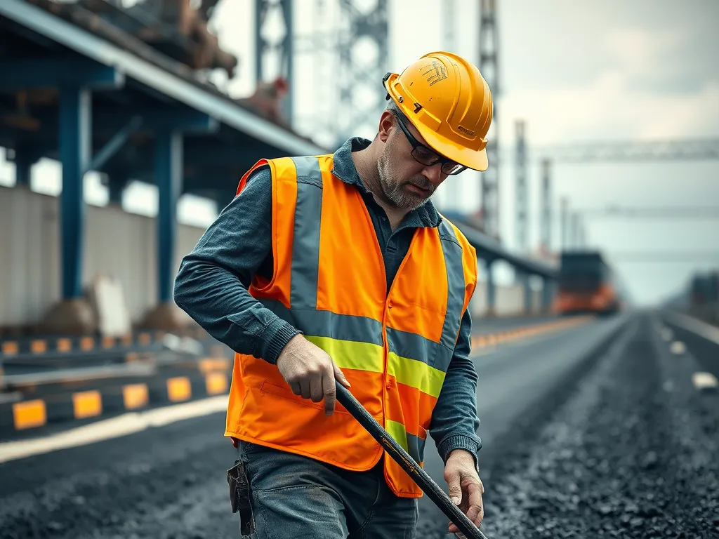 A construction worker wearing advanced safety gear including a high-visibility vest and helmet on an asphalt project.