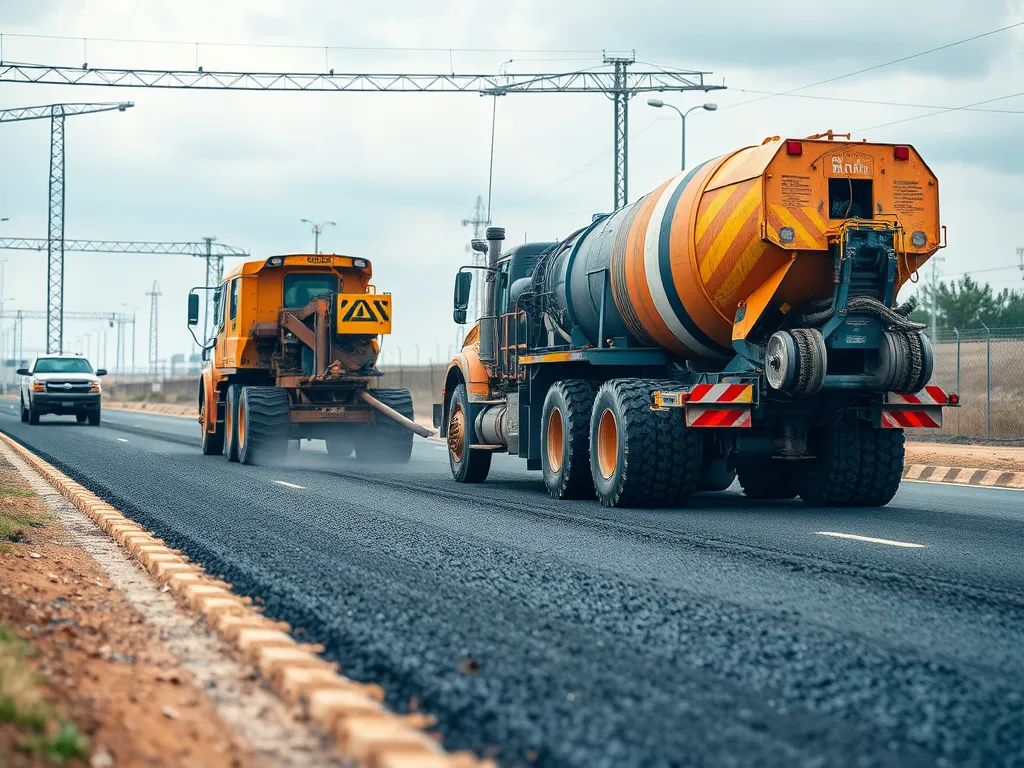Construction vehicles applying warm mix asphalt on a road, highlighting the benefits over traditional methods.