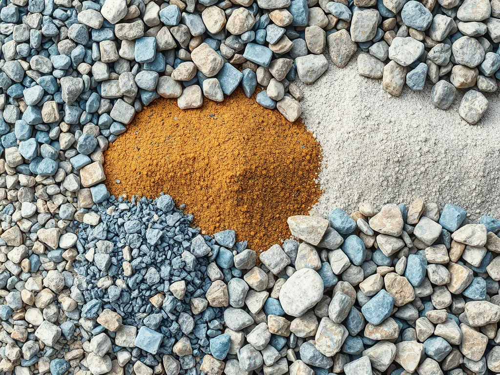 Variety of aggregate materials including gravel, sand, and crushed stones, showcasing their properties.