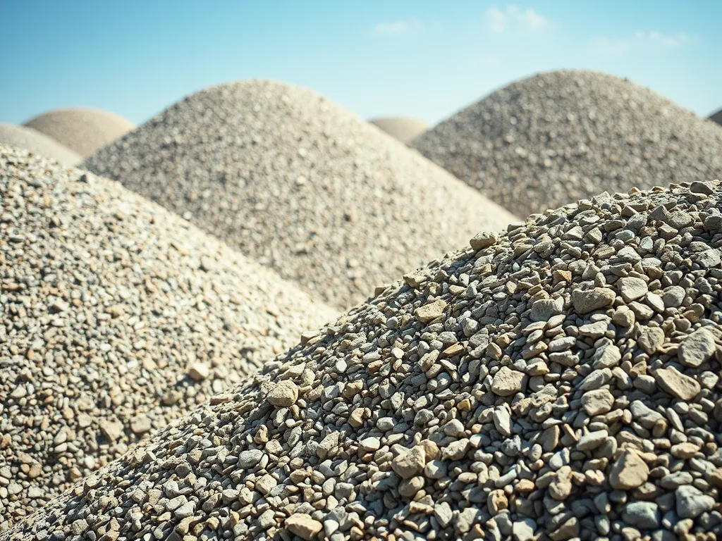 Piles of aggregate materials showcasing different sizes for testing methods in aggregate quality.
