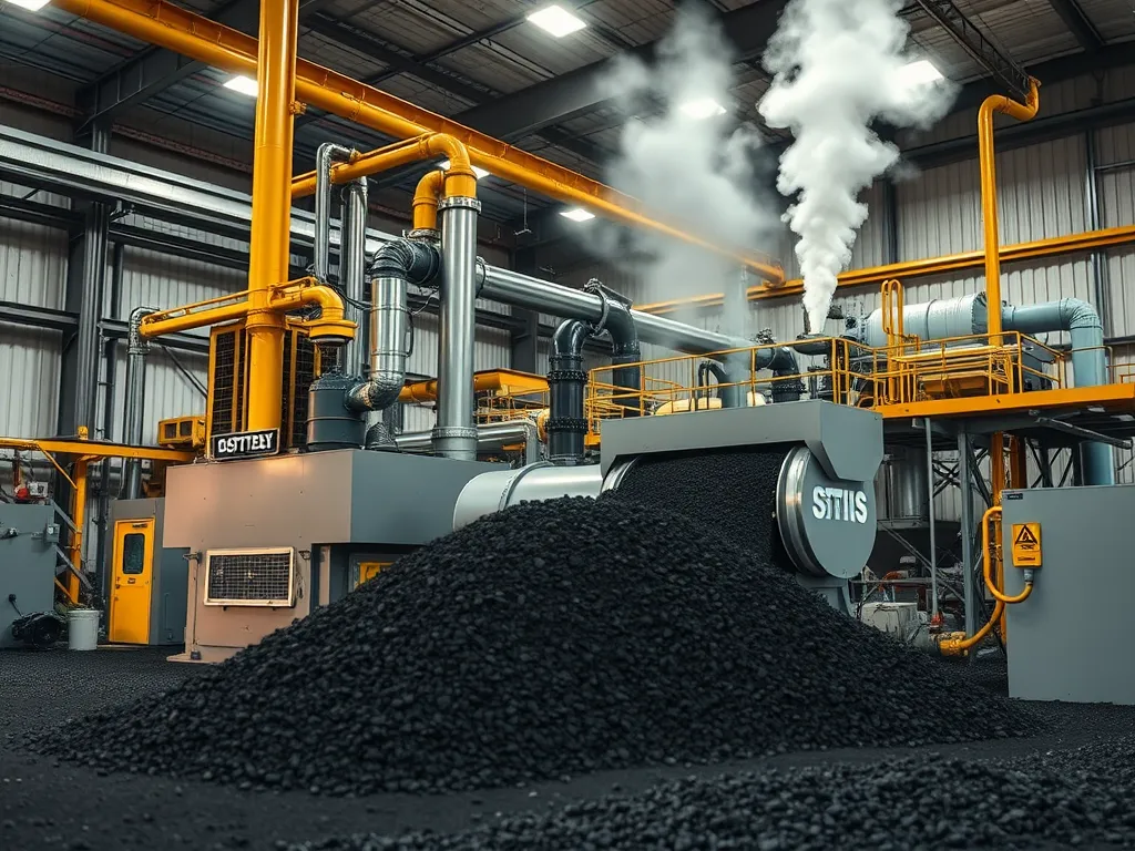 Industrial setup for air-blowing process showing machinery and black material.