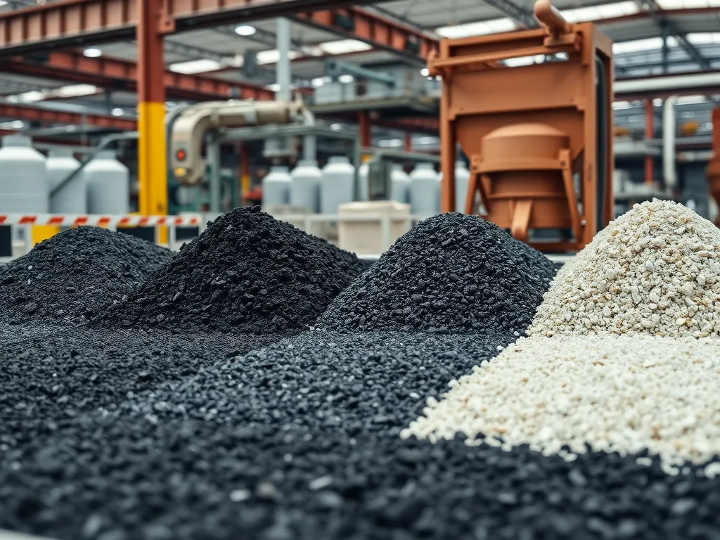 Various alternative binder materials for asphalt displayed in a construction facility, showcasing sustainable options.