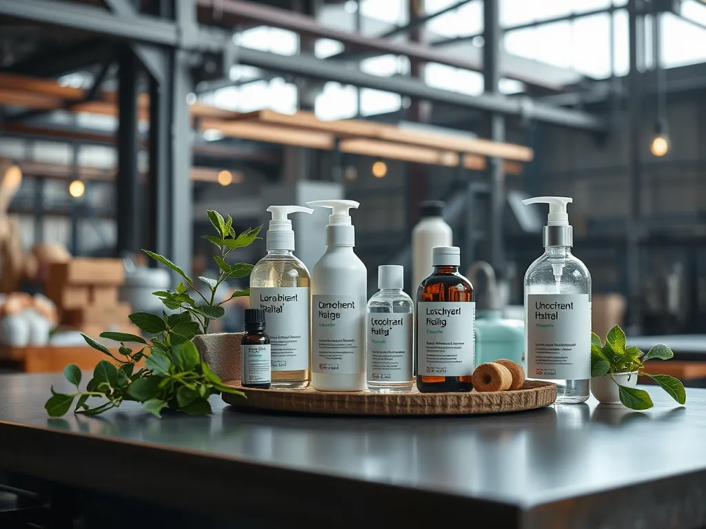 A variety of eco-friendly sealcoating materials showcased in bottles and jars, emphasizing sustainable alternatives for pavement.