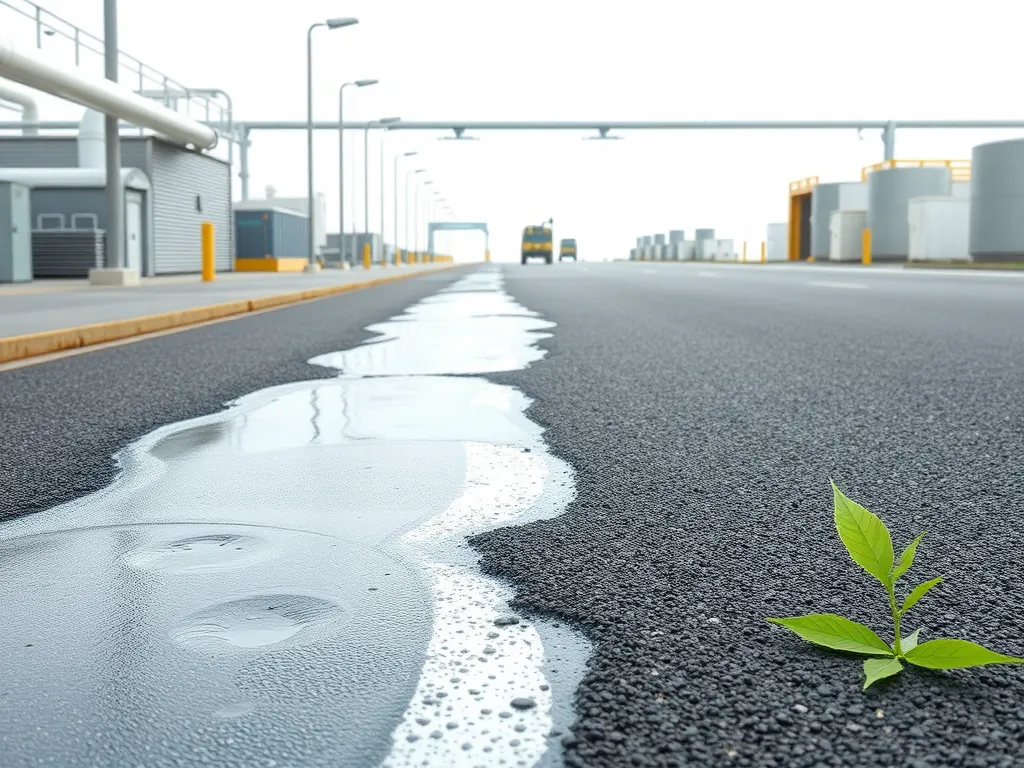 Eco-friendly alternative sealcoating materials with a plant growing on asphalt