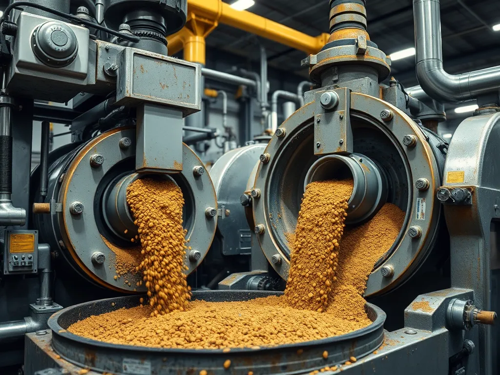 Detailed view of asphalt additives being mixed in a production facility, showcasing the mixing process.