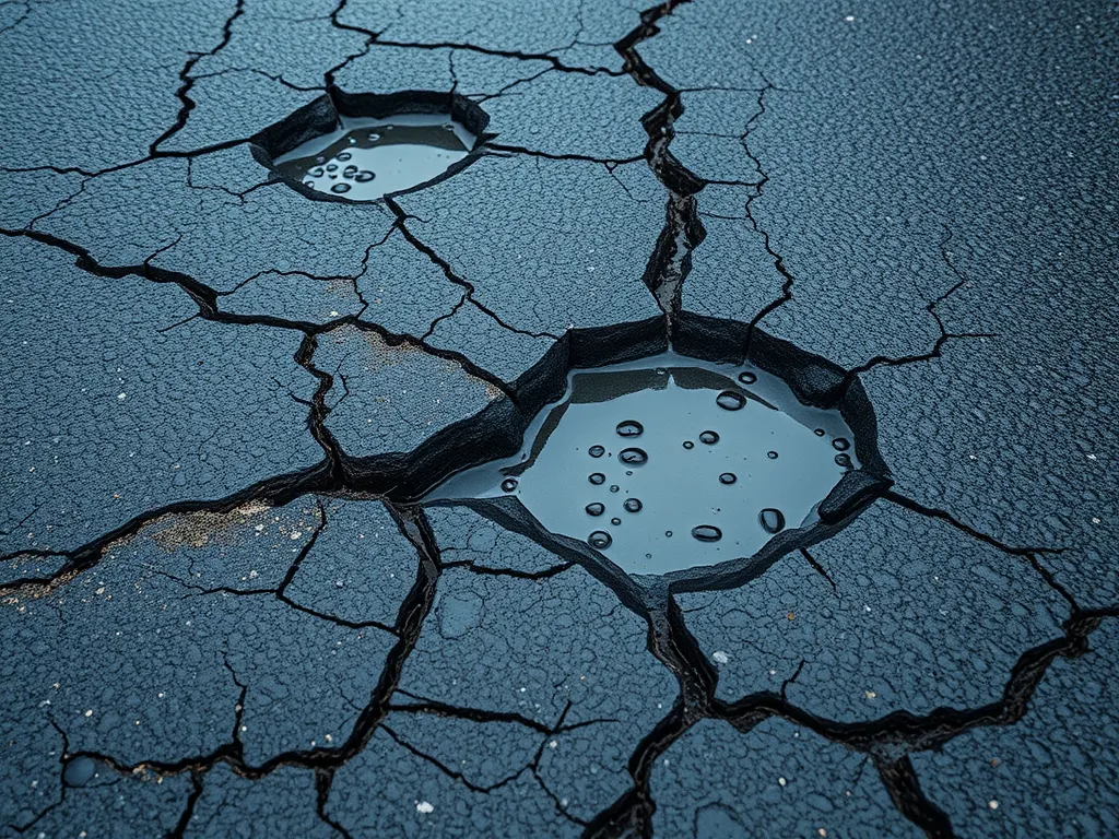 Close-up view of cracked asphalt with water pooling in the crevices, illustrating the aging process of asphalt surfaces.