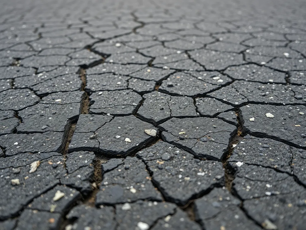 Cracked asphalt surface illustrating the effects of aging and durability issues