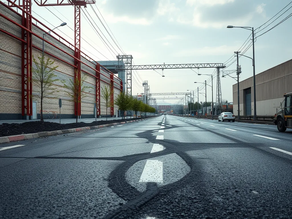 Cracked asphalt road showing signs of aging due to environmental effects.