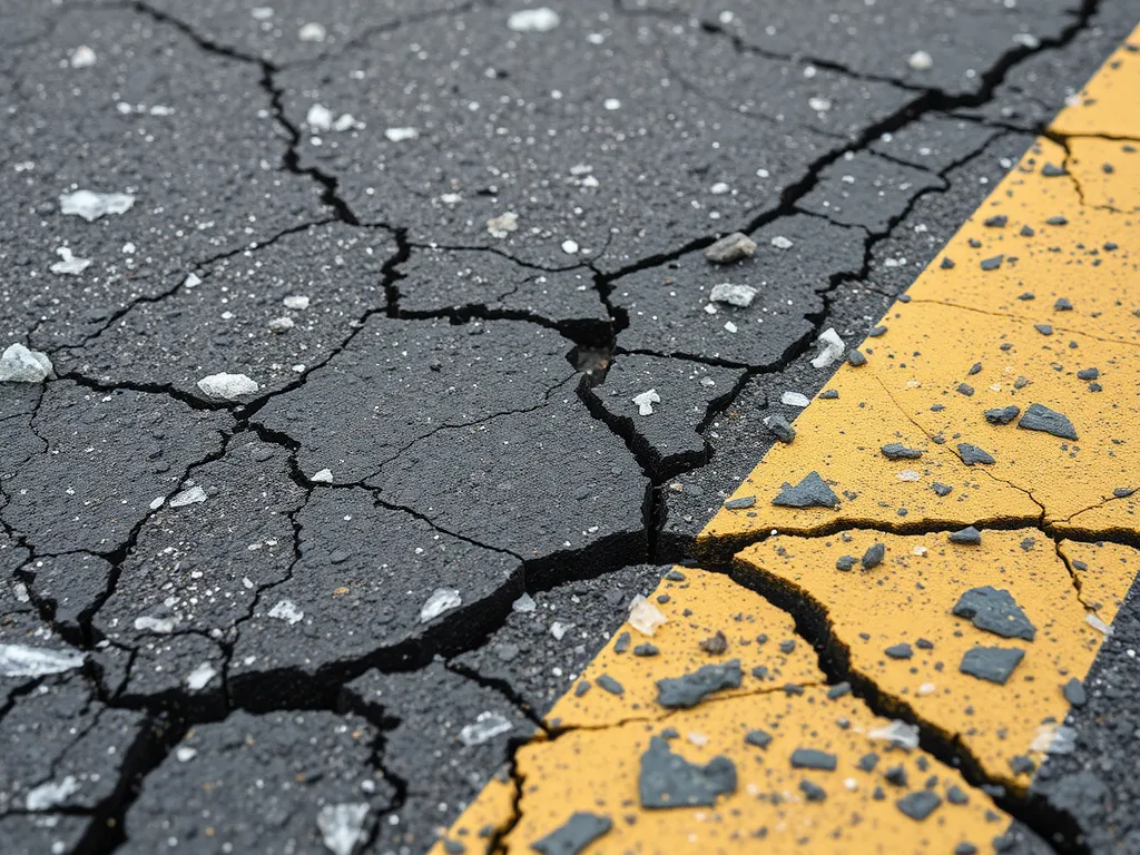 Cracked asphalt surface highlighting signs of aging and environmental degradation