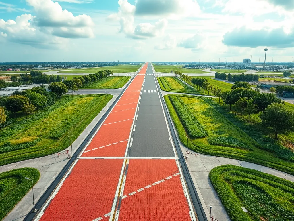 Aerial view of an asphalt runway under construction at an airport