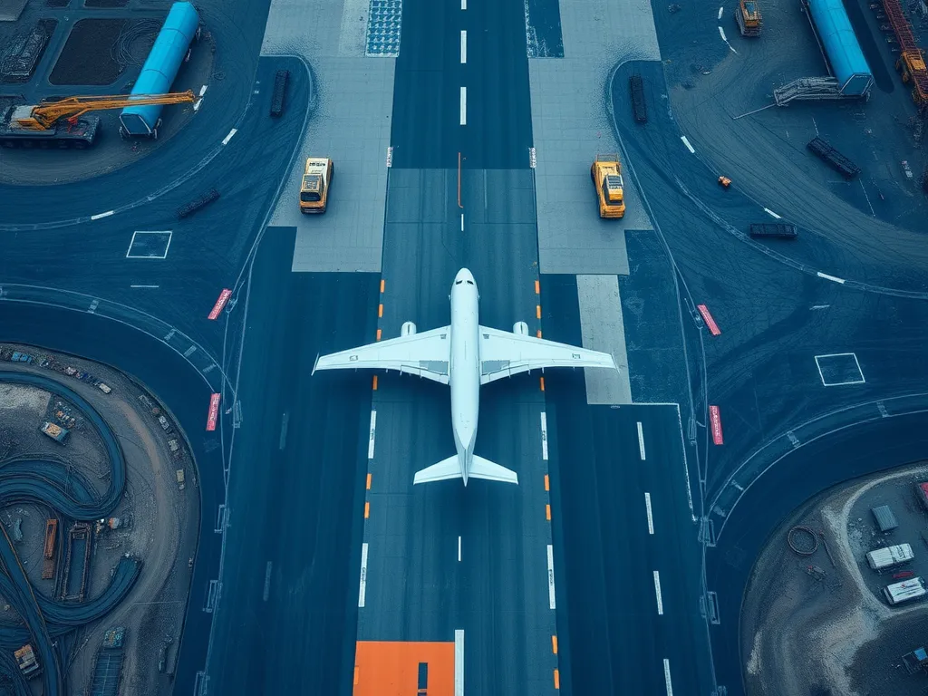 Aerial view of a runway with asphalt surface at an airport, showcasing construction work.