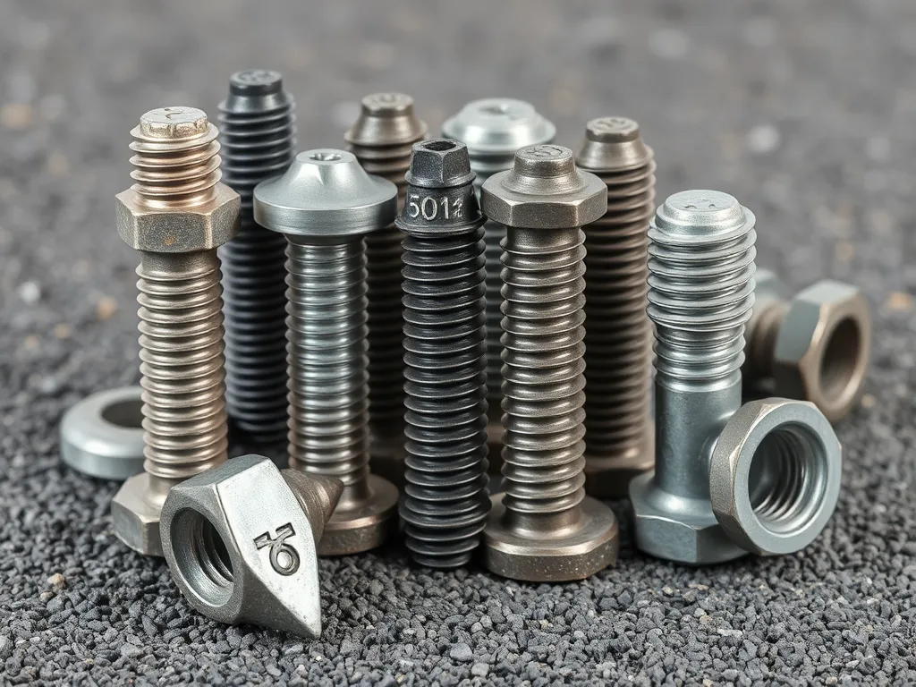 A variety of bolts and nuts used for anchoring into asphalt surfaces.