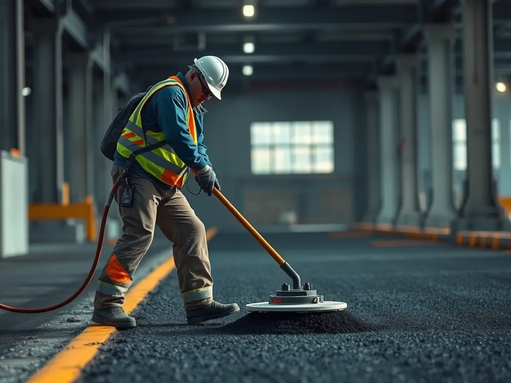 A worker applying asphalt using a specialized machine for safety in construction.