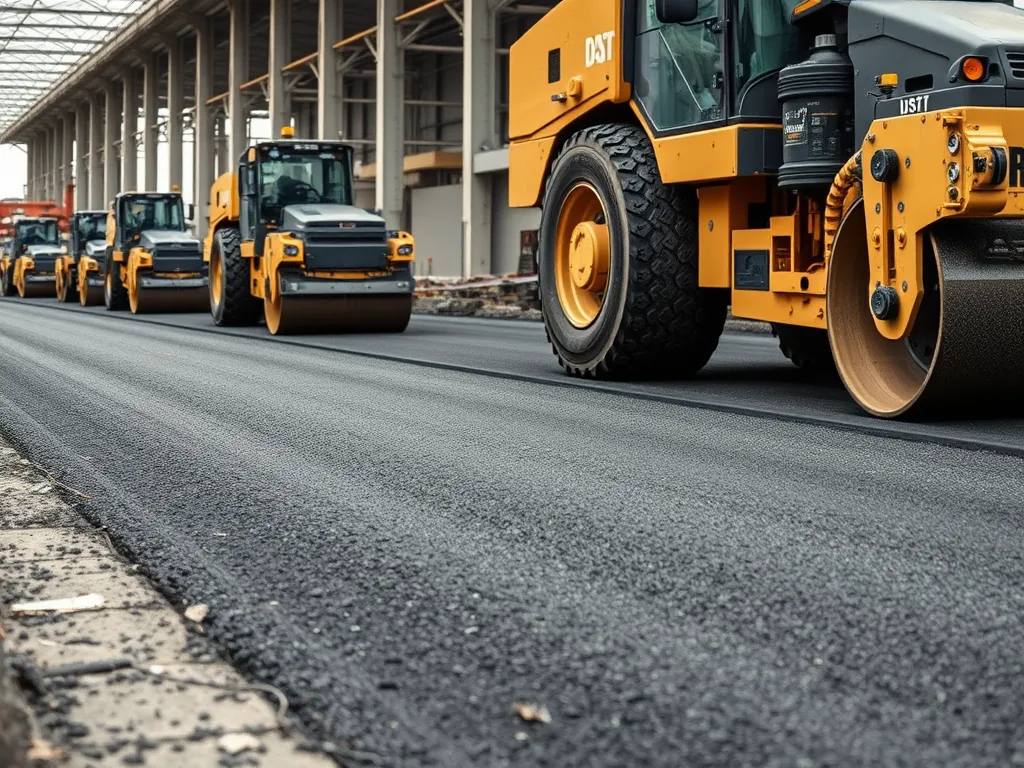 Heavy machinery for asphalt application troubleshooting on a freshly laid road.