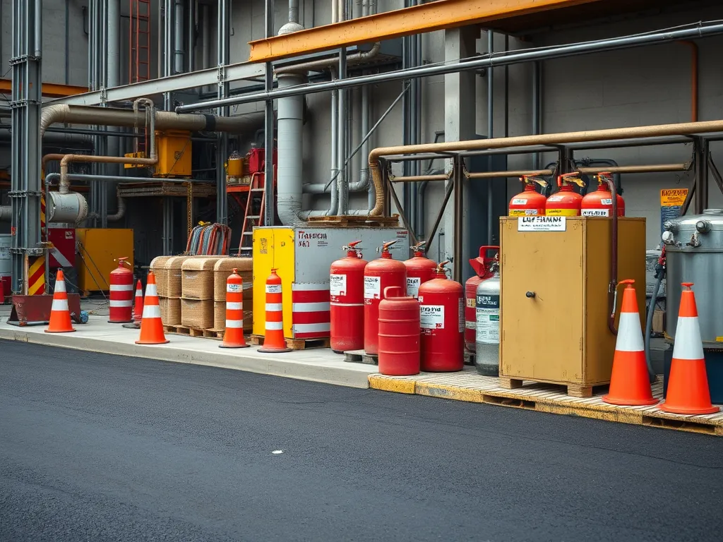 Worksite setup with safety cones, fire extinguishers, and equipment for safe asphalt application