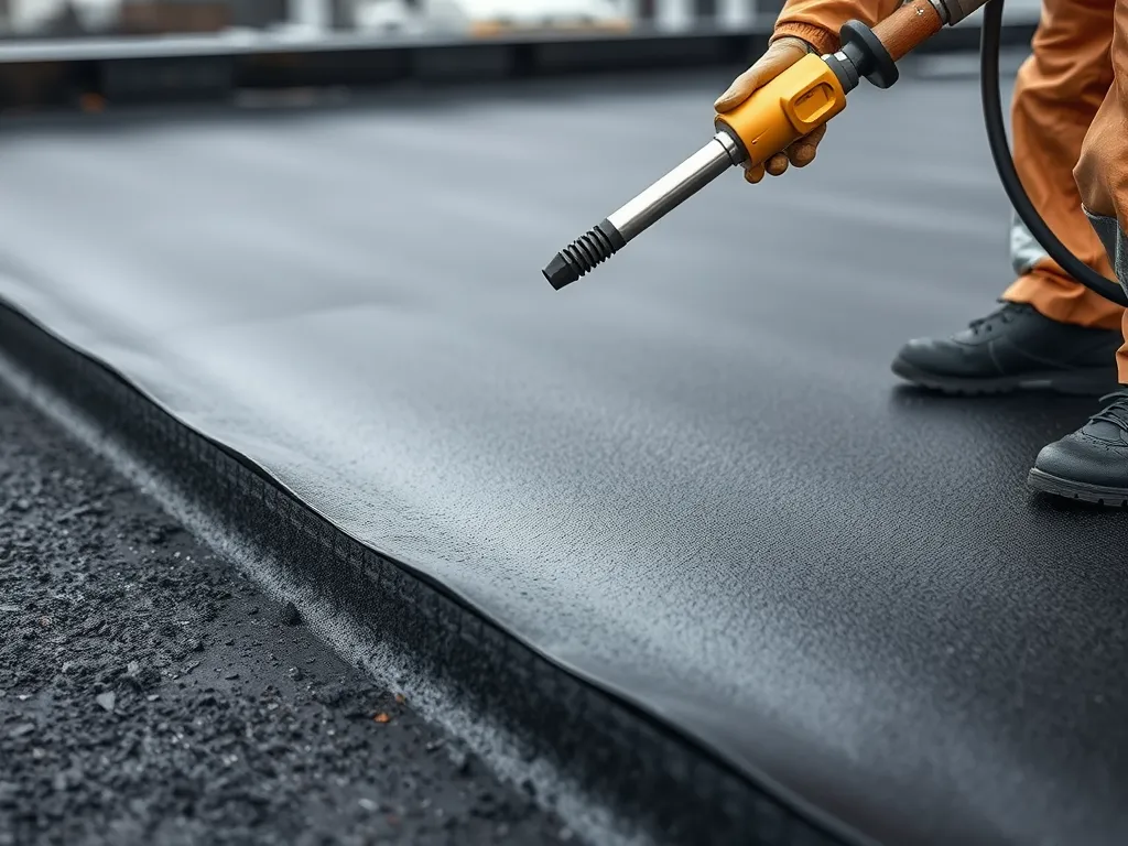 Worker applying asphalt binder using a torch on a roofing surface.