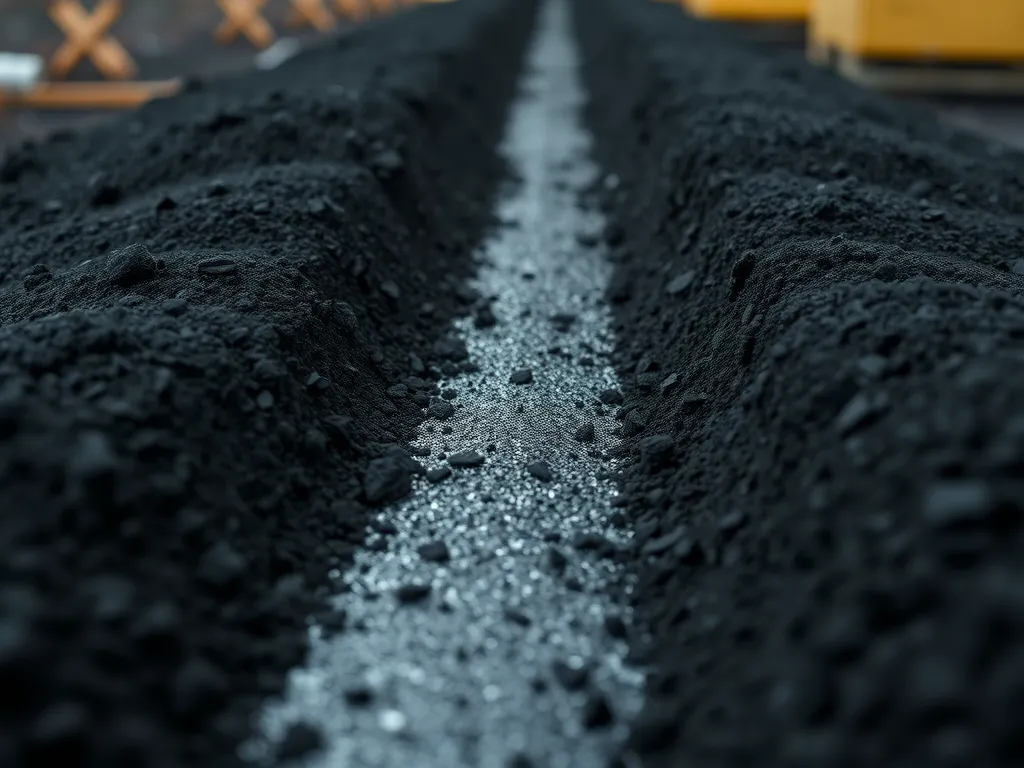 Close-up view of freshly laid asphalt binder in a construction site.