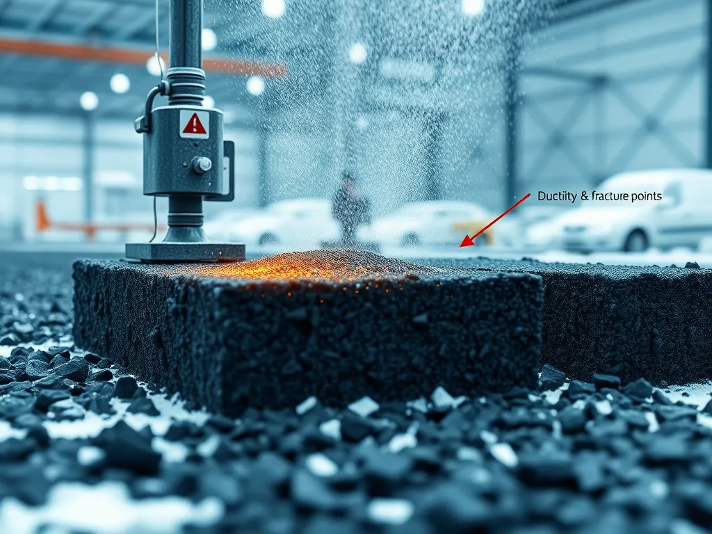 An image showcasing the testing of asphalt binder performance, highlighting ductility and fracture points.