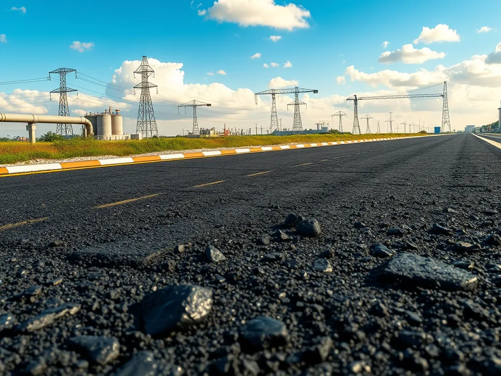 A close-up view of asphalt road surface highlighting the texture and materials used in asphalt binder performance.