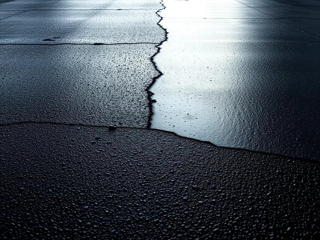 Close-up view of black asphalt surface with a visible crack, illustrating the dark color of asphalt.