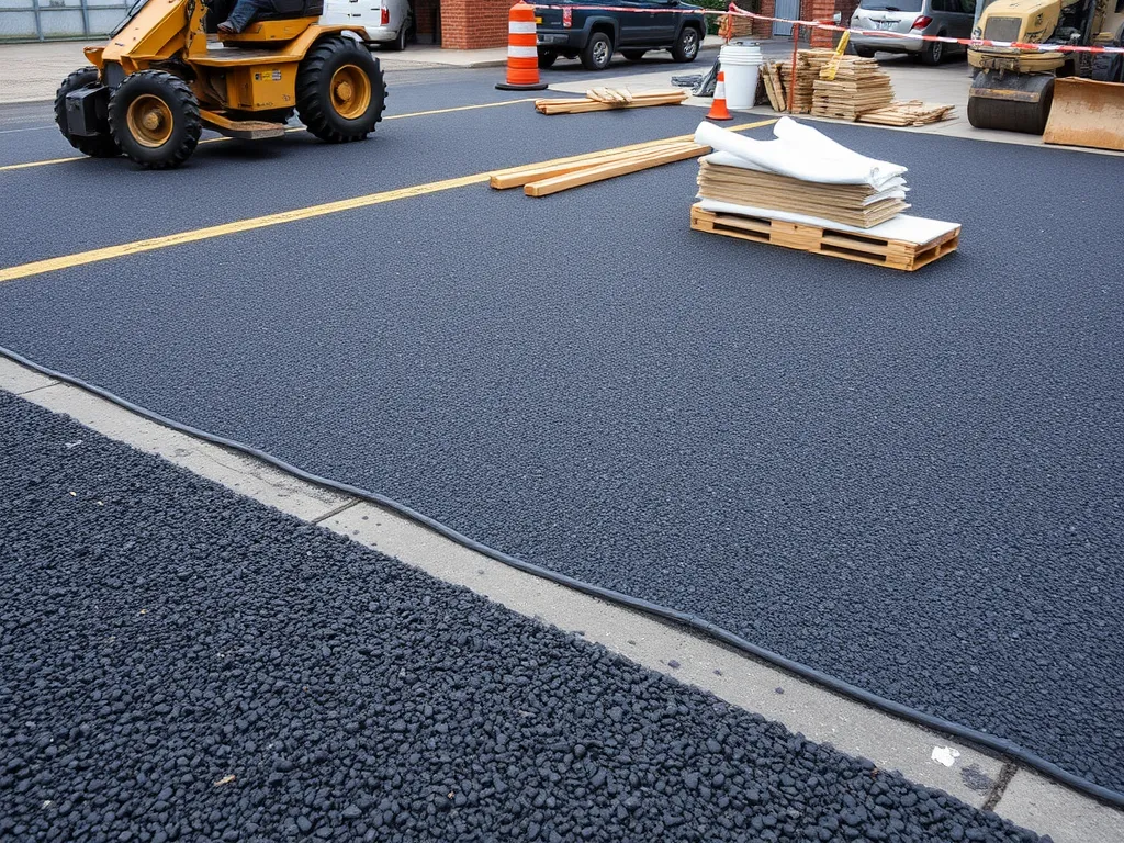 Construction site showing asphalt paving materials and equipment for budgeting an asphalt project.