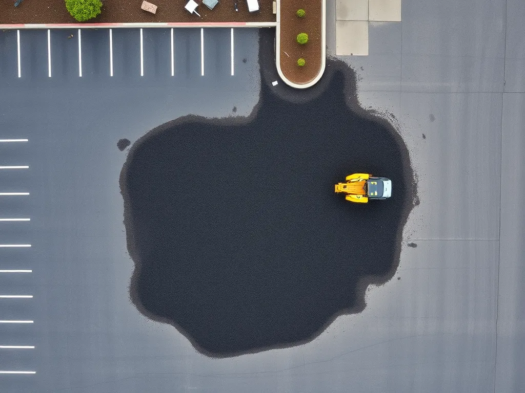 Aerial view of a parking lot being paved with asphalt, illustrating the asphalt calculation process.