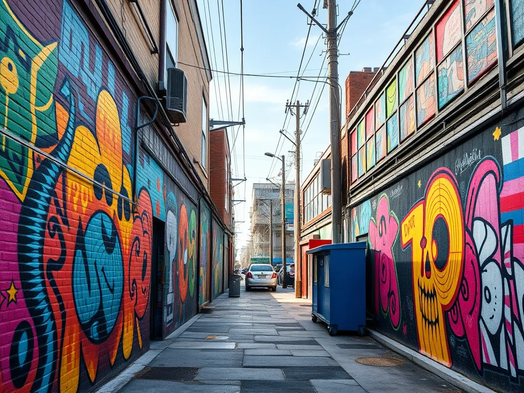 Vibrant urban alleyway with colorful murals on asphalt surfaces, highlighting urban safety measures.