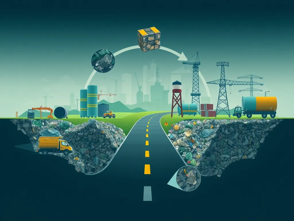 Illustration of asphalt's role in a circular economy showcasing recycling and sustainable practices.