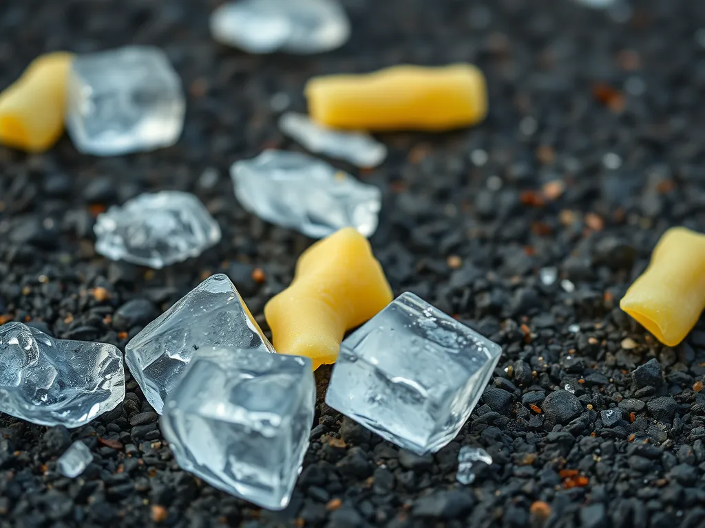 Ice cubes and cleaning putty on asphalt surface for effective cleaning