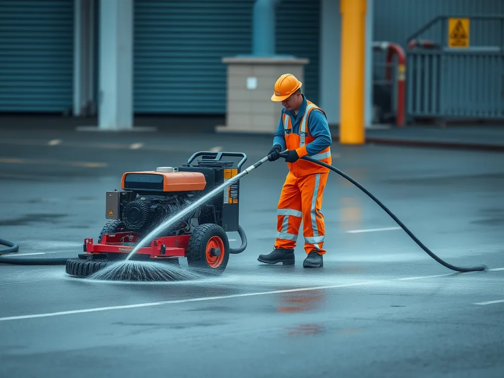 Professional using a pressure washer for effective asphalt cleaning