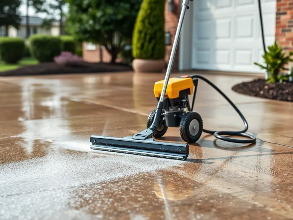 A powerful pressure washer being used for effective asphalt cleaning.