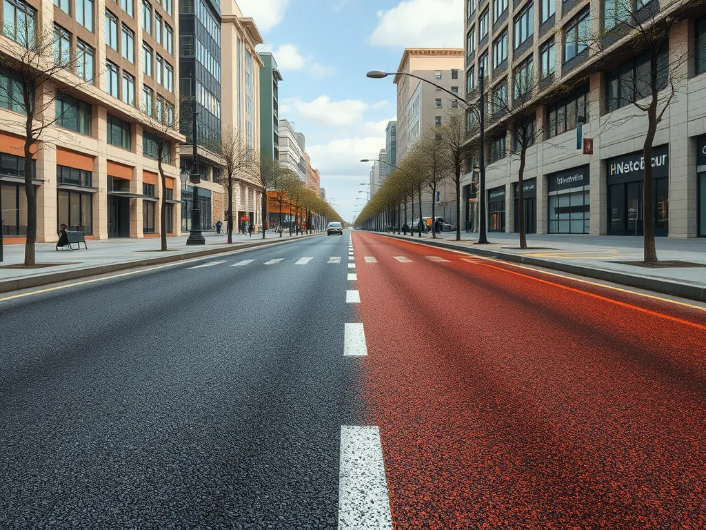 A city street showcasing asphalt's role in climate resilience with contrasting surfaces.
