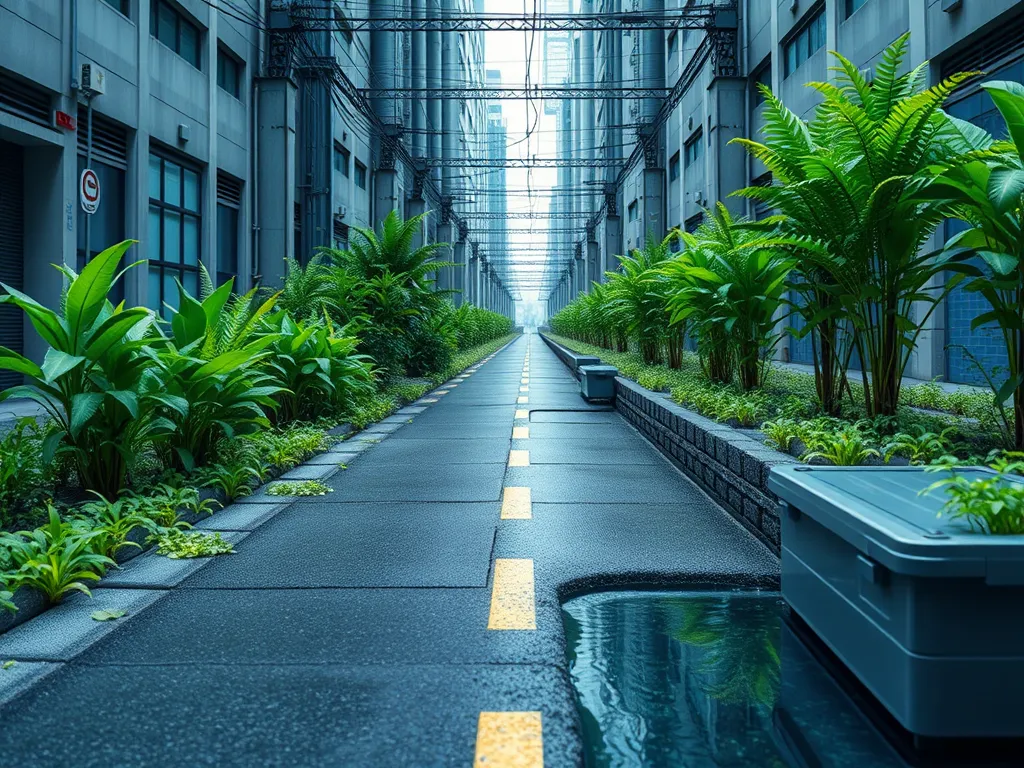 Sustainable asphalt pathway with greenery showcasing climate resilience.
