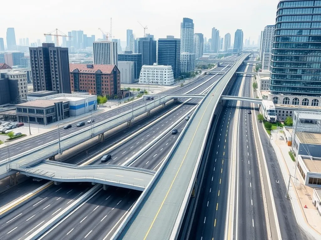 Aerial view of a modern highway built with asphalt, showcasing climate-resilient infrastructure in an urban setting.