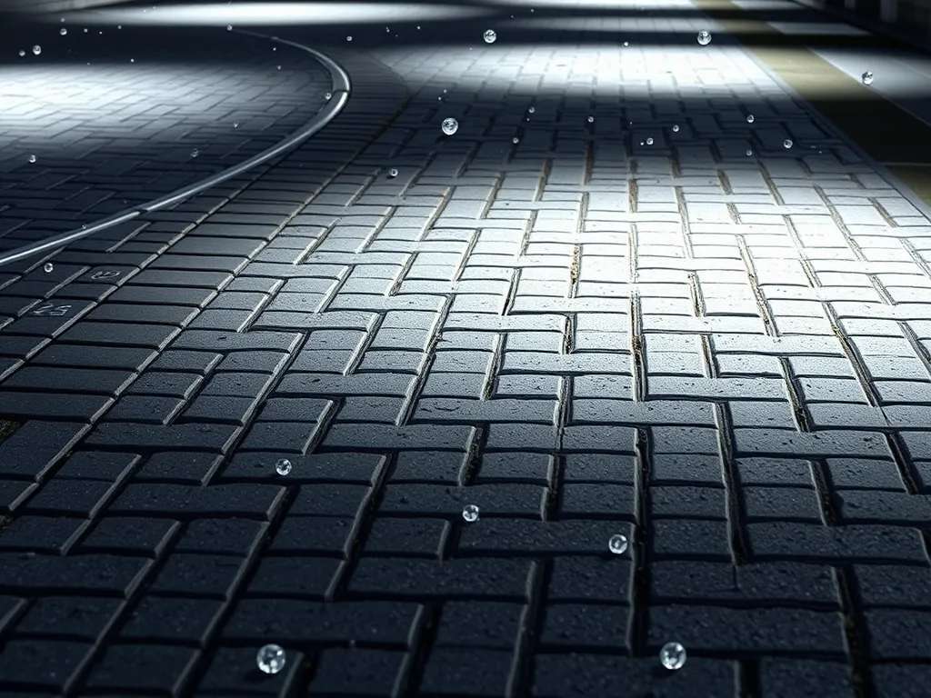 Close-up view of textured asphalt surface with raindrops, showcasing various asphalt colors.